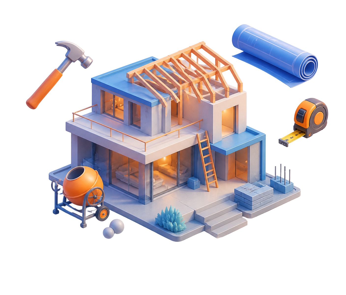 3D isometric house under construction with tools